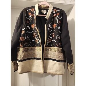 Coldwater Creek Pockets Linen Embroidered Jacket Boho Artisana Cottage Christmas